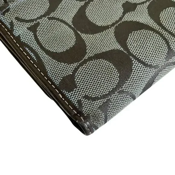Coach Signature Gray Monogram Jacquard Brown Leather Trim Trifold Wallet Y2K - Picture 10 of 12